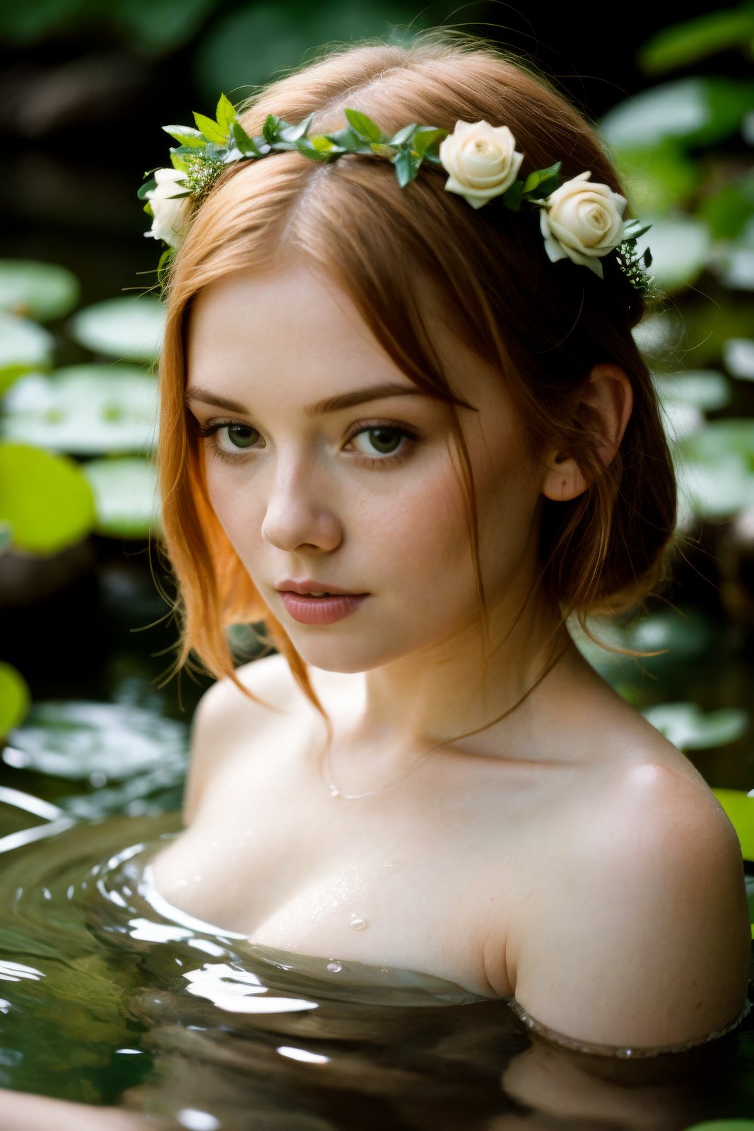 forest lily pond, ginger woman relaxing in water, nervous expression, upper body portrait, sheer white cloth, natural, flower crown, eyes contact, scenic, summer, shallow depth of field, vignette, highly detailed, high budget Hollywood film, bokeh, cinemascope, moody, epic, gorgeous, film grain