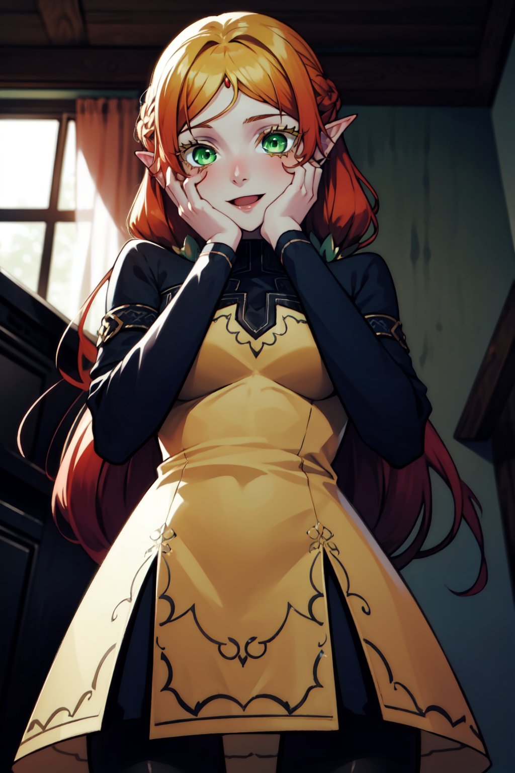 masterpiece, best quality, <lora:TsundereElfV2.2prod:0.9>, 1girl, sui, green eyes, eyelashes, yellow dress, long sleeves, black pantyhose, :d, yandere trance, yandere, looking at viewer, shaded face, hands on own face, hands on own cheeks, from below, <lora:yandere_trance:0.8>, indoors, <lora:LowRA:0.5>