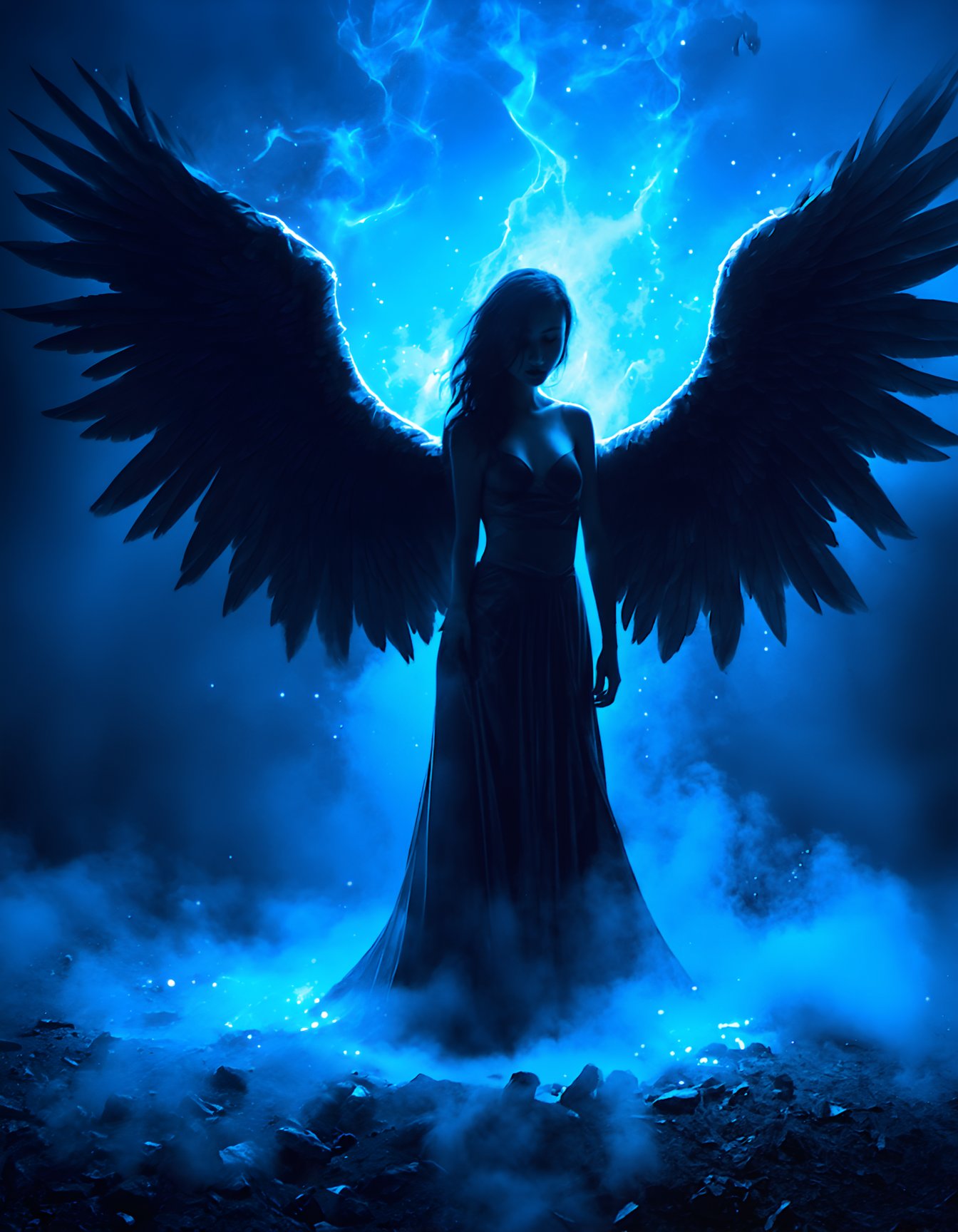 (dark, ethereal, highly detailed, high contrast) A silhouette of a figure with large, dark wings extending from their back, surrounded by swirling, smoky mist. The scene is illuminated by a cold, blue light, creating a mysterious and otherworldly atmosphere. The wings are detailed with individual feathers, and the edges appear to be disintegrating into particles. The figure's head is bowed, adding to the somber and melancholic mood. The background is a deep, shadowy blue, enhancing the ethereal and mystical vibe of the image.,