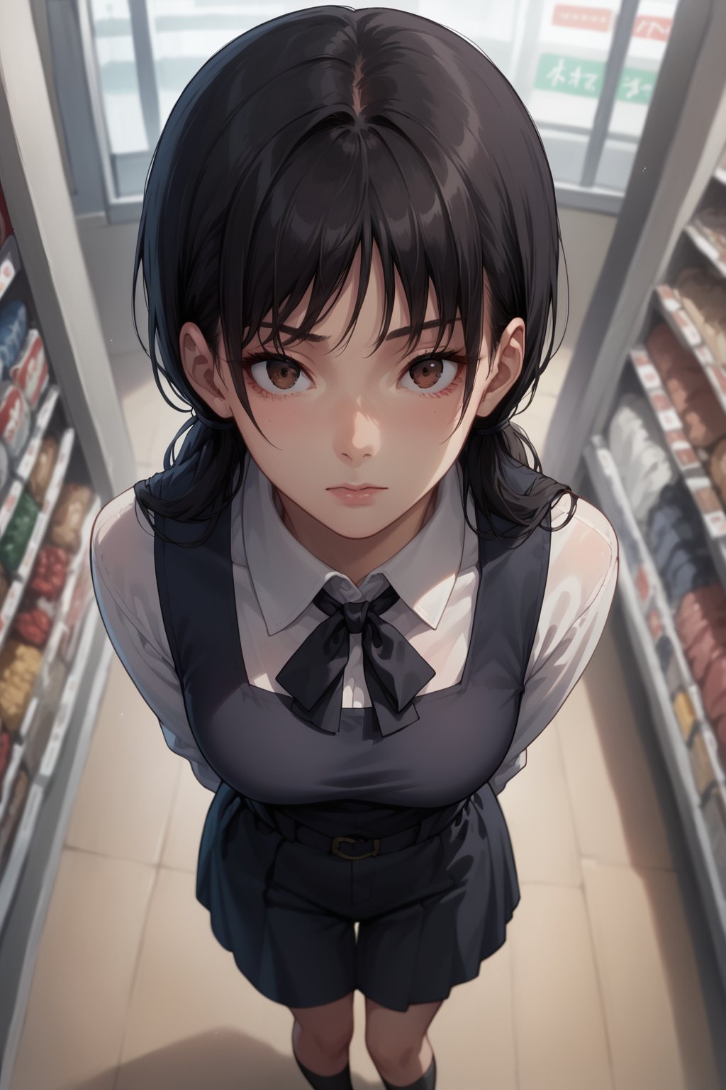 score_9, score_8_up, score_7_up, looking at viewer,<lora:Yoru_Chainsaw-Man_Pony-000008:0.8>, asa_mitaka, brown eyes, black hair, black ribbon, black pinafore dress, from above, standing in a store, depth of field, fisheye lens, arms behind back