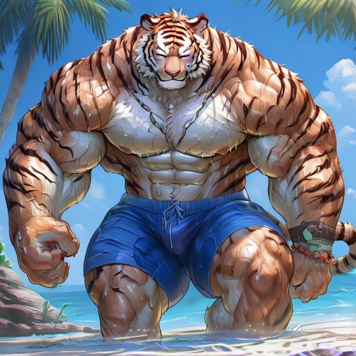 Tiger, male focus, cup, closed eyes, male swimwear, solo, pectorals, large pectorals, bara, weapon