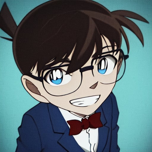 (best quality, masterpiece),male child, glasses, blue eyes, 1boy, red bow, male focus, bow, red bowtie, bowtie, smile, blue jacket, jacket, black-framed eyewear, shirt, brown hair, blue background, white shirt, solo, grin, child, bangs, collared shirt, long sleeves, short hair, school uniform, looking at viewer