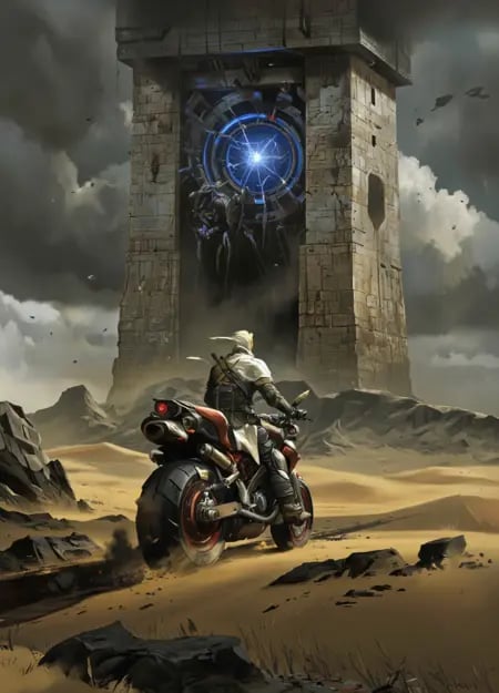Yurimazum art style.A lone figure stands on a futuristic,  single-wheeled motorcycle with large,  rugged tires and red acc...