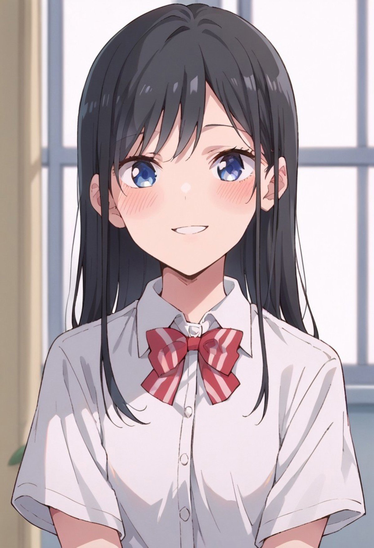 score_9, score_8_up, score_7_up, source_anime,nanakura rin, black hair, blue eyes, long hair, 1girl, solo, shirt, smile, blush, white shirt, looking at viewer, indoors, school uniform, collared shirt, upper body