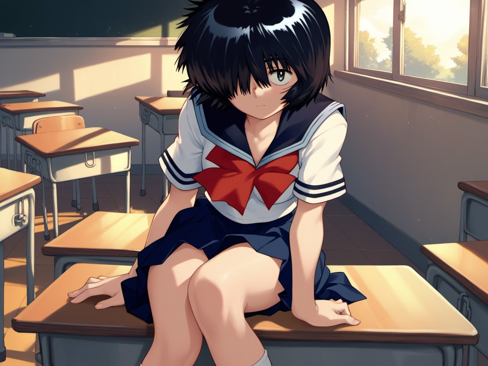 UrabeMikoto, 1girl, short hair,  black hair, solo,  serafuku,  (hair over both eyes), blue skirt, source_anime,  <lora:UrabeSDXL-Pony-16-16-C:1>,  medium breasts,  score_8_up, score_7_up,   classroom