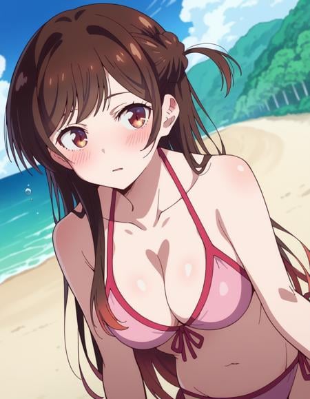 score_9, score_8_up, score_7_up, source_anime,chizuruichinose, <lora:chizuru-ichinose-s1-ponyxl-lora-nochekaiser:1>,chizuru ichinose, long hair, bangs, brown hair, brown eyes, one side up,navel, cleavage, collarbone, swimsuit, bikini, side-tie bikini bottom, pink bikini,outdoors, beach, on side, blush, drunk,looking at viewer, cowboy shot, solo, dutch angle,