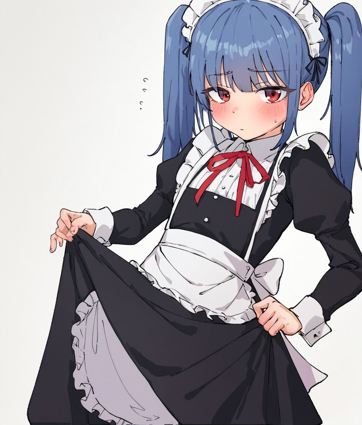 score_9, score_8_up. score_7_up, <lora:drs012:1>, drs012,1girl,maid apron,maid headdress,white background,red eyes,simple background,long hair,black dress,looking at viewer,twintails,blue hair,long sleeves,blush,closed mouth,juliet sleeves,red ribbon,white apron,puffy sleeves,neck ribbon,alternate costume,skirt hold,cowboy shot