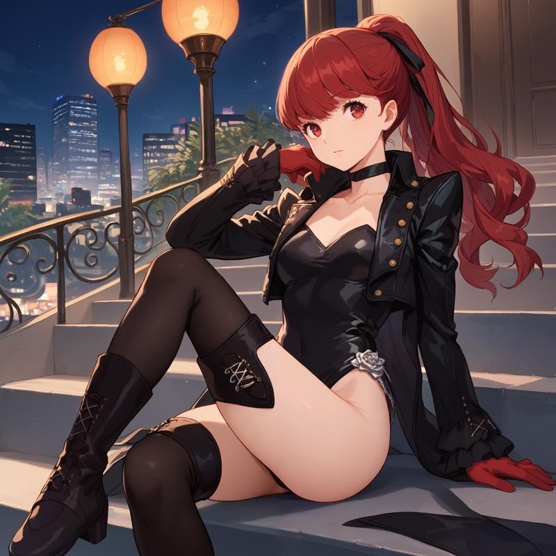 score_9, score_8_up, score_7_up, score_6_up, BREAK source_anime, look at viewer, outdoors, night, city, 1girl, solo, sitting, on stairs,  masterpiece, best quality, high detailed skin,   yoshizawa kasumi, yoshizawa violet, long hair, ponytail, red hair, hair ribbon, red eyes, choker, jacket, black leotard, red gloves, black thighhighs, boots