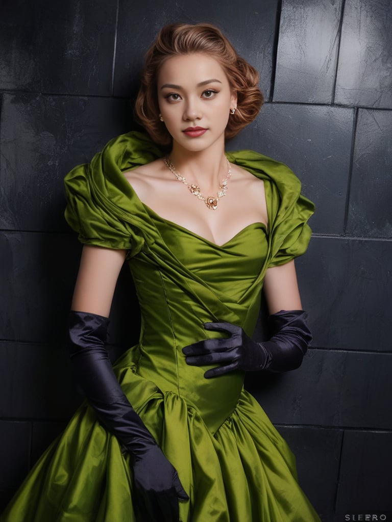 1girl, <lora:DA_CindKateDress_pony_v1:1> satin green dress, satin gloves, bolero, short sleeves, dark empty room, big black metal tiles wall, (score_9, score_8_up:1.1),score_7_up,score_6,raw photo, photorealistic, realistic, slim body, small breast, wide shoulder,