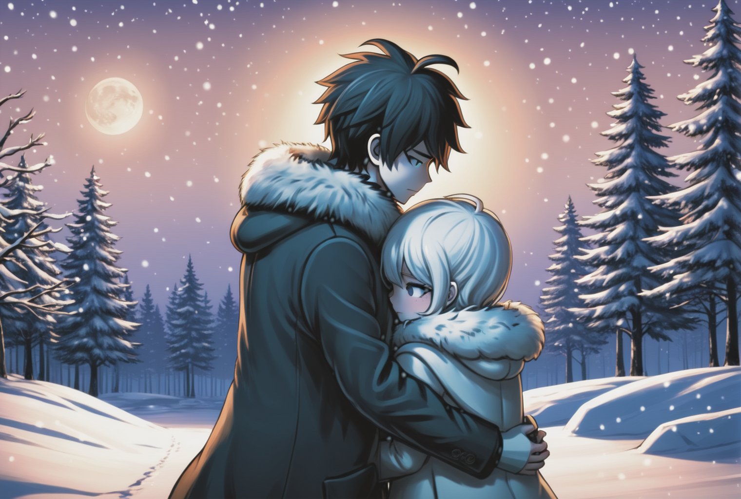 a couple, tender embrace, romantic scenery, moonlit night, silhouette figures, soft illumination, close connection, loving gestures, dreamlike ambiance, cozy atmosphere, warm clothing, winter wonderland, snowy background, handholding, fur coat, cuddle position, content expressions, danganronpa style, thick lines, full-body portrait, detailed eyes, close-up, <lora:danganronpa_style:0.8>