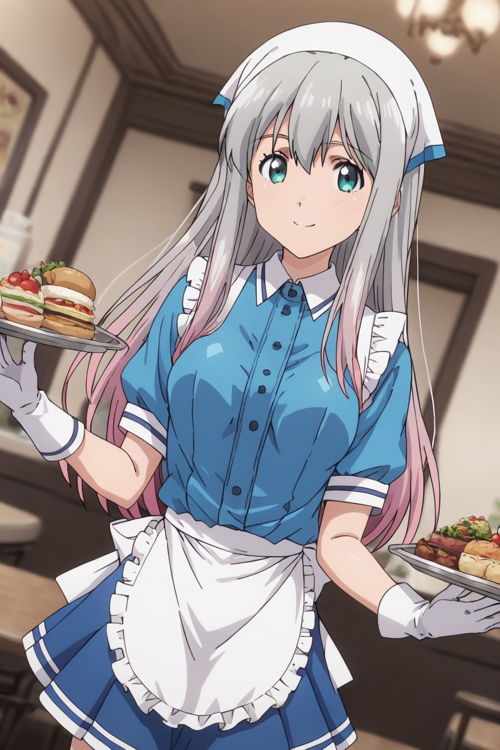 koizumi yogiri, long hair, grey hair, aqua eyes, grey hair, pink hair, multicolored hair,1girl, solo, smile, apron, blue shirt, blue skirt, frilled apron, frills, gloves, head scarf, shirt, short sleeves, skirt, uniform, waist apron, waitress, white apron, white gloves, food, tray, food tray, indoors, restaurant, looking at viewer, dutch angle, cowboy shot,masterpiece, perfect face, best quality, beautiful girl, blurry background, cute girl, beautiful eyes, shiny eyes, anime coloring, anime screencap, absurdres,  <lora:koizumi yogiri kohaku:0.8>