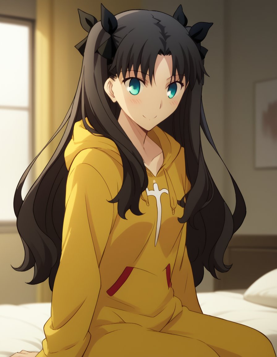 score_9, score_8_up, score_7_up, source_anime, rintohsaka, <lora:rin-tohsaka-ubw-ponyxl-lora-nochekaiser:1>, rin tohsaka, aqua eyes, black hair, hair ribbon, long hair, ribbon, sidelocks, two side up, parted bangs,, <lora:pikachu-cosplay-ponyxl-lora-nochekaiser:1>, pikachucosplay, pikachu \(pikachu\), character print, hood, hoodie, yellow hoodie,, bed, bed room, smile, blush, wariza, sitting,, cowboy shot, dutch angle, solo,