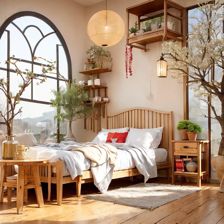 jianzhu, indoors, plant, window, table, cup, pillow, wooden floor, basket, bed, architecture, potted plant, lamp, blanket, tree, lattice, book, lantern, vase, shelf, cushion, chair, wooden table, carpet, bed sheet, plate, rug, bottle, round window, bedroom, sunlight, flower, day, drinking glass, teapot, flower pot, branch<lora:jianzhu-000009:0.8>