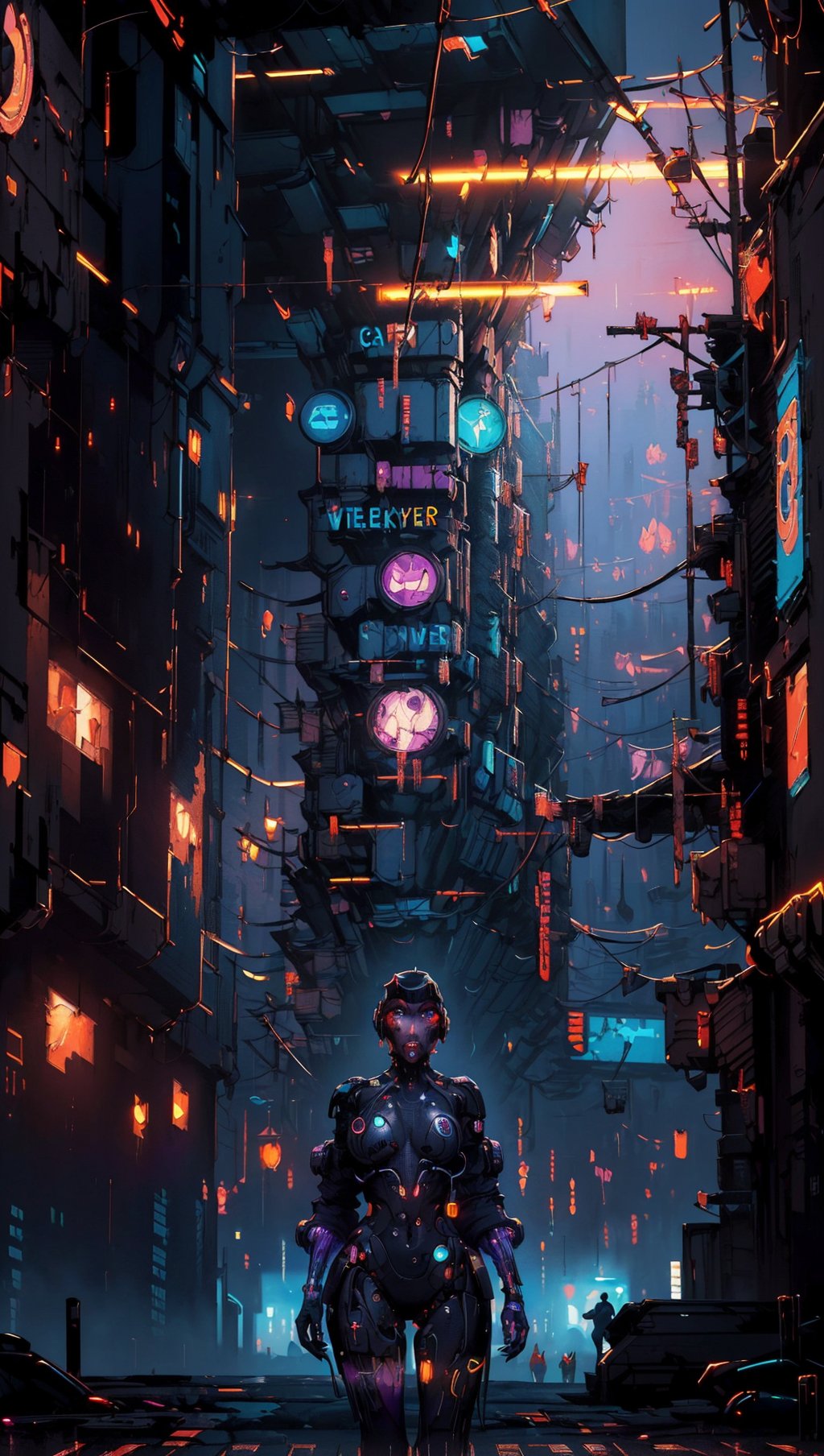 (Cathleen McAllister style:2),a captivating poster features a (female cyborg silhouette:1.6) in black,intricately detailed with (vector art:0.4),surrounded by vivid colors that evoke the (cyberpunk atmosphere:2).,