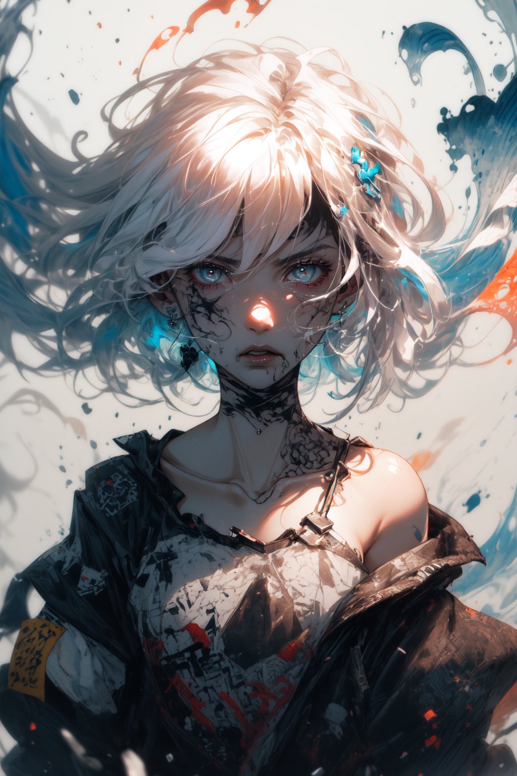 (dramatic, gritty, intense:1.4),masterpiece, best quality,8k, insane details,hyper quality,ultra detailed, Masterpiece,(calligraphy:1.4),(ether colorful ink flowing:1.3),1girl,A shot with tension,white hair,exposed collarbone,sideways,Simple background