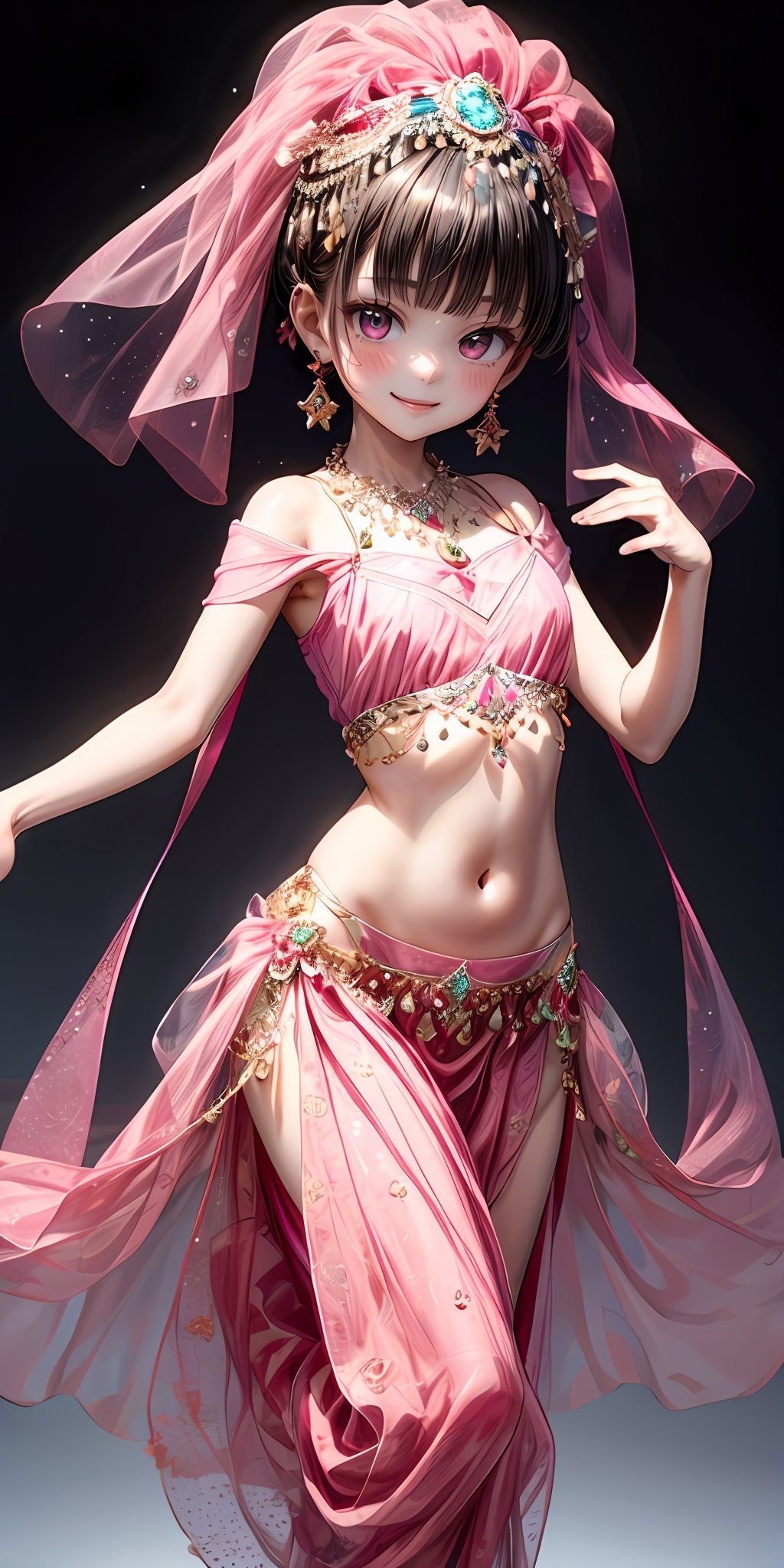 (masterpiece,ultra-detailed,best quality,8K,CG,illustration,shaved:1.0),(petite girl:1.0) <lora:more_details:1>, smile,simple background, <lora:belly dance clothes v1.0:0.5> jyojifuku, veil, midriff, necklace, earrings, see-through,dance,pink clothes