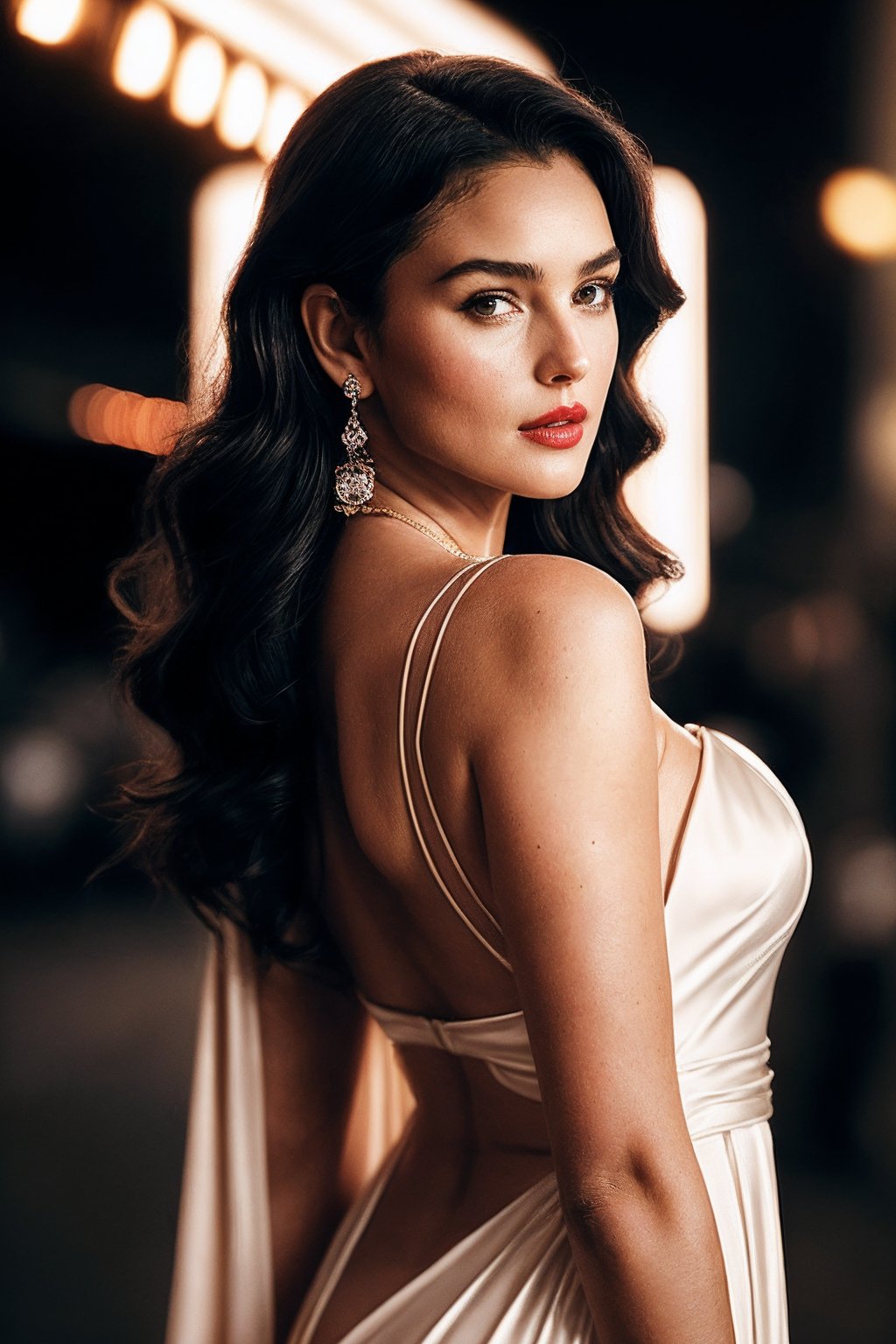 MonicaB_SoloTI_v1,  (Dressed in a curve-hugging satin gown with a faux fur stole draped elegantly over her shoulders,  ado...