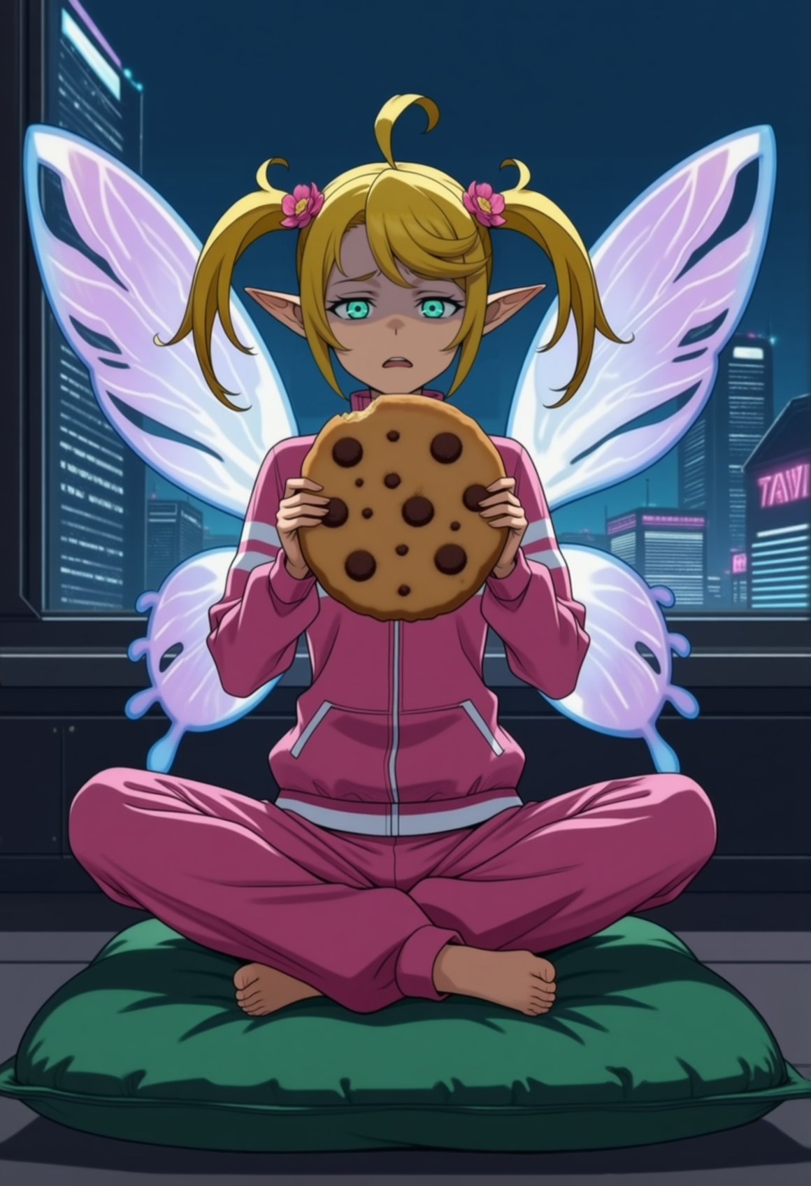 fairy sitting on a green pillow,  1girl,  anime screencap by NeclordX on Tensor.Art