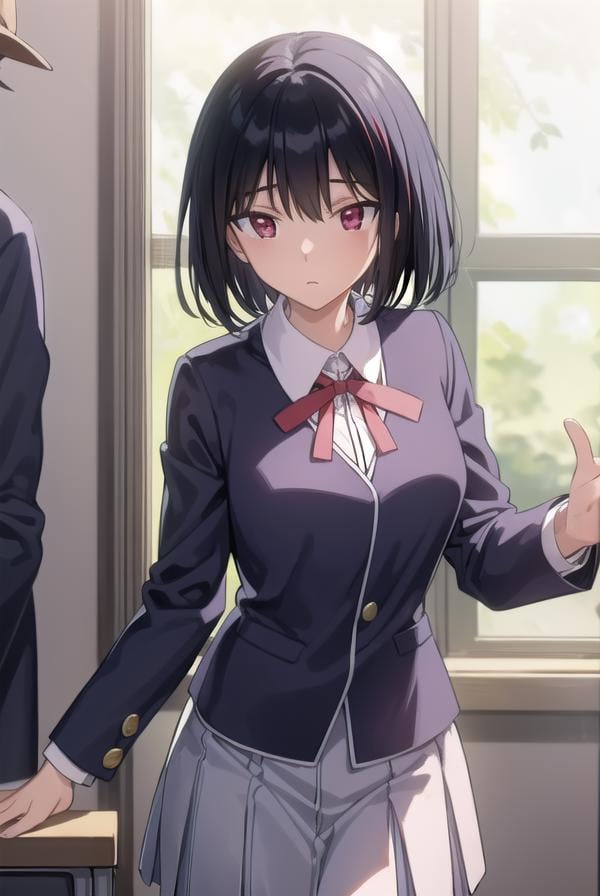 yakumotsukamoto, <lora:yakumo tsukamoto s2-lora-nochekaiser:1>,yakumo tsukamoto, short hair, black hair, (red eyes:1.3),BREAK skirt, shirt, long sleeves, bow, ribbon, school uniform, white shirt, pleated skirt, collared shirt, bowtie, red ribbon, neck ribbon, red skirt,BREAK indoors, classroom,BREAK looking at viewer, (cowboy shot:1.5),BREAK <lyco:GoodHands-beta2:1>, (masterpiece:1.2), best quality, high resolution, unity 8k wallpaper, (illustration:0.8), (beautiful detailed eyes:1.6), extremely detailed face, perfect lighting, extremely detailed CG, (perfect hands, perfect anatomy),