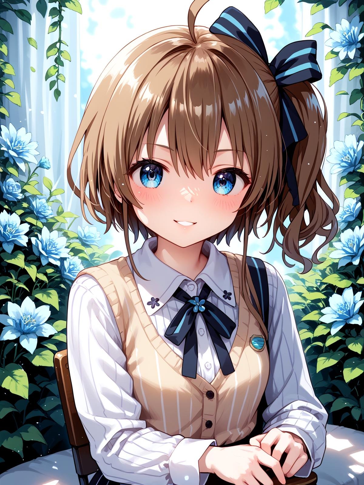 score_anime, score_9, score_8_up, score_7_up, masterpiece, beautiful scenery, floral background,<lora:AyagiDP:1> AyagiDP, 1girl, solo, (upper body:1.3), hololive, (natsuiro matsuri:1.3), short hair, side ponytail, ahoge, blue eyes, brown hair, collared shirt, hair between eyes, hair ribbon, long sleeves, parted lips, red ribbon, ribbon, shirt, sidelocks, sitting, smile, striped, striped shirt, vertical stripes, vertical-striped shirt, v, v-shaped eyebrows, vest