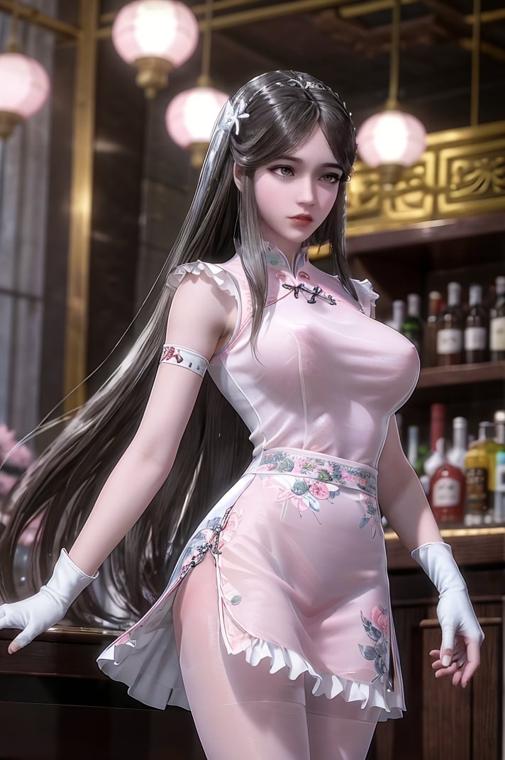 best quality,masterpiece,1girl,white transparent skirt,hair_ornament,flowers,gloves,(transparent pantyhose:1.1),indoor,flowers,huge breasts,<lora:宁荣荣 (4):0.6>,the perfect hand,long black hair,(pink  cheongsam:1.2),bar,standing,