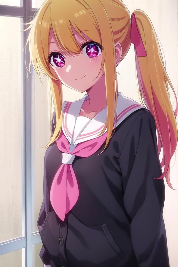 rubyhoshino, <lora:ruby hoshino s1-lora-nochekaiser:1>,ruby hoshino, long hair, bangs, blonde hair, (pink eyes:1.3), sidelocks, (symbol-shaped pupils:1.5), multicolored hair, two-tone hair, smile,BREAK side ponytail, long sleeves, school uniform, serafuku, sailor collar, neckerchief, cardigan, red neckerchief, white sailor collar,BREAK indoors, classroom,BREAK looking at viewer, (cowboy shot:1.5),BREAK <lyco:GoodHands-beta2:1>, (masterpiece:1.2), best quality, high resolution, unity 8k wallpaper, (illustration:0.8), (beautiful detailed eyes:1.6), extremely detailed face, perfect lighting, extremely detailed CG, (perfect hands, perfect anatomy),