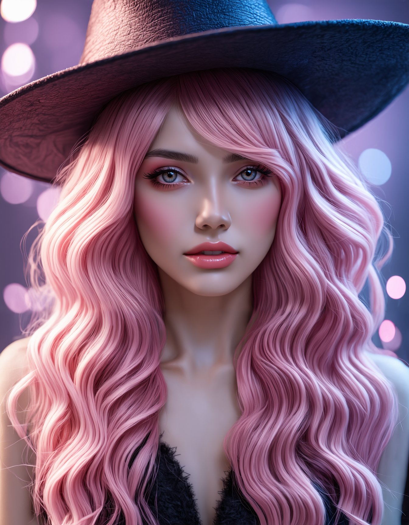 (best quality, 4K, 8K, high-resolution, masterpiece, ultra-detailed, photorealistic), portrait of a beautiful young woman, soft and dewy glowing skin, long flowing pink hair, wearing a witch hat, magical and enchanting atmosphere, gentle and serene expression, soft pink and pastel color palette, detailed facial features, bright and clear eyes, delicate makeup with subtle highlights, ethereal and mystical ambiance, elegant and refined appearance, modern fantasy art style, dreamy and whimsical setting, high attention to detail in textures and lighting.