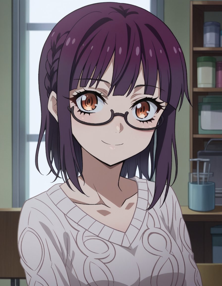 score_9, score_8_up, score_7_up, source_anime,sumikafujimiya, <lora:sumika-fujimiya-s1-ponyxl-lora-nochekaiser:1>,sumika fujimiya, brown eyes, purple hair, braid, glasses, semi-rimless eyewear, under-rim eyewear,sweater, long sleeves, collarbone, skirt, purple skirt,indoors, smile,looking at viewer, dutch angle, cowboy shot,