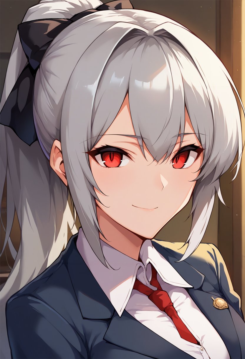 score_9, score_8_up, score_7_up, source_anime, 1girl,red eyes,smile, room, wariza, ponytail,grey hair, portrait, blazer, <lora:Ore-halcon-Style-PonyXL-000034:1>