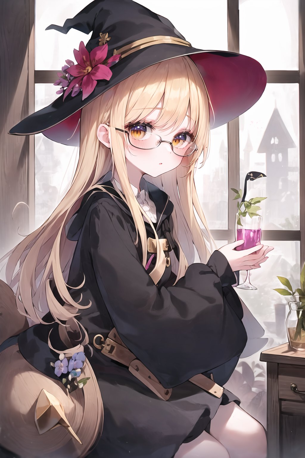 1girl, solo, (witch hat), blond, from side, potion, plant, flask, glasses, flower, wooden muntins, window, darkness