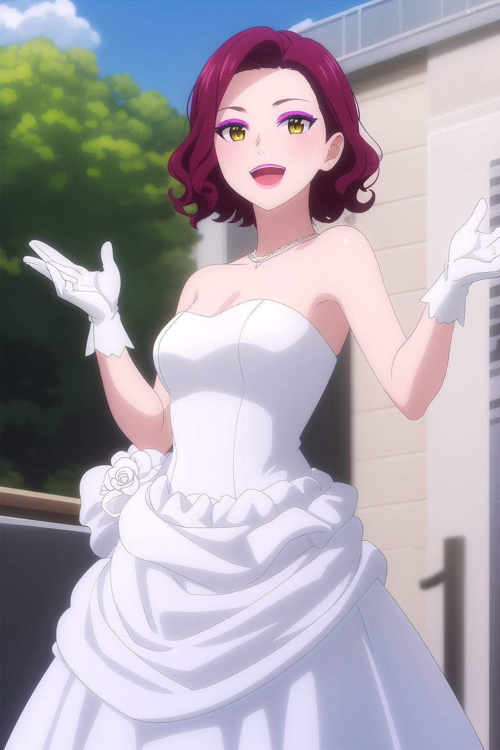 (masterpiece, best quality), highly detailed background, perfect lightingbest quality, matsunagayouko, solo, outdoors, building, nature, city, bridal veil, red hair, parted bangs, forehead, wavy hair, short hair, makeup, yellow eyes, medium breasts, wedding dress, white dress, white gloves, frilled skirt, smile, open mouth, :d, pink lips, lipstick, <lora:Matsunaga-Youko:0.7>