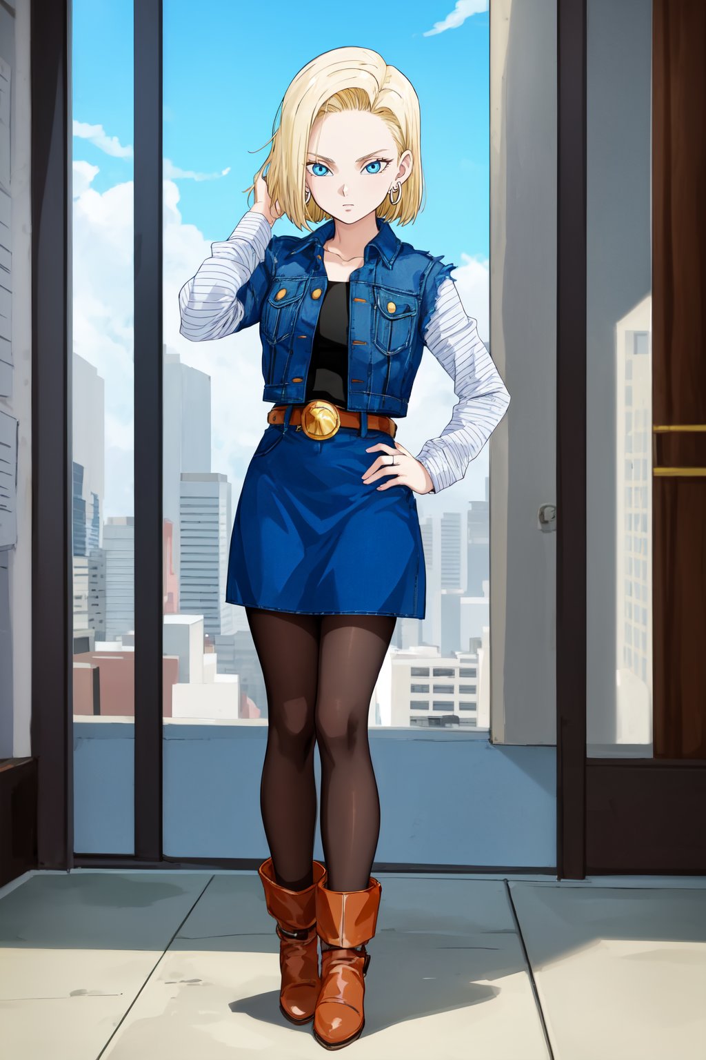 masterpiece, detailed face, android 18, 1girl, solo, looking at viewer, short hair, blue eyes, skirt, blonde hair, cityscape, skyscraper, shirt, long sleeves, city, jewelry, standing, jacket, full body, pantyhose, earrings, boots, belt, hand on hip, denim, hand in own hair, denim skirt, denim jacket, white sleeves, striped sleeves, black shirt <lora:4ndro1d_18-000008:0.8>