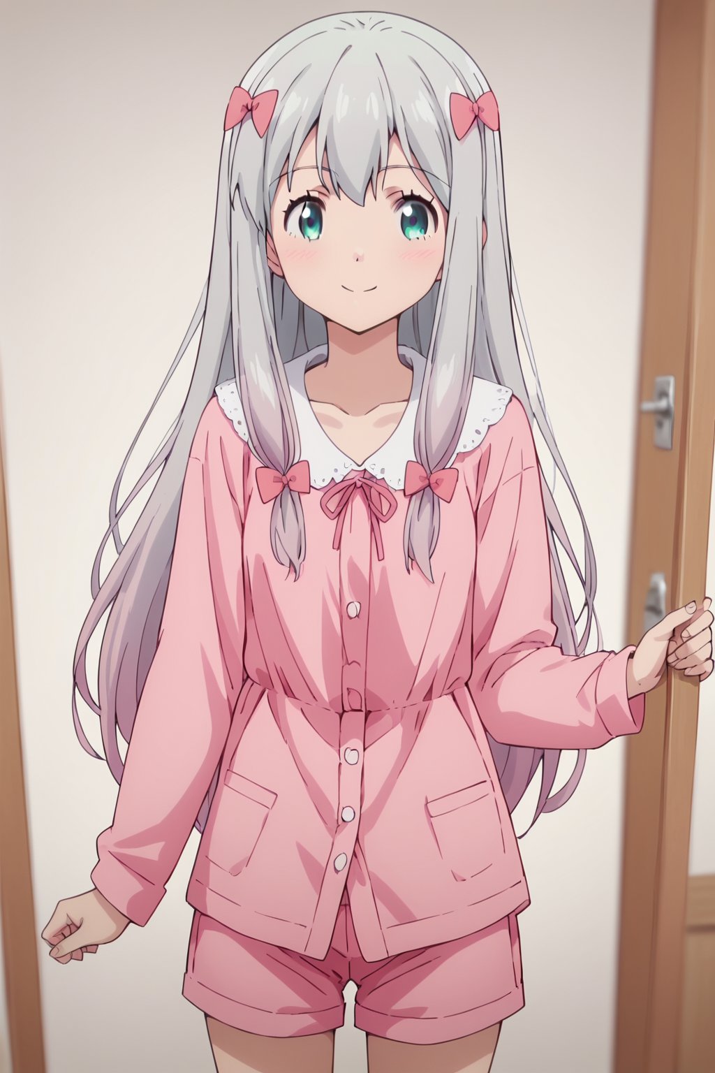 score_9, score_8_up, score_7_up, score_6_up, score_5_up, score_4_up, source_anime,koizumi yogiri, long hair, grey hair, aqua eyes, grey hair, pink hair, multicolored hair,1girl, pajamas, solo, bow,smile, pink bow, hair bow, looking at viewer, pink pajamas, blush, collarbone, pink shorts, shorts, door, closed mouth, long sleeves, indoors, cowboy shot,masterpiece, perfect face, best quality, beautiful girl, blurry background, cute girl, beautiful eyes, shiny eyes, anime coloring, anime screencap, absurdres,<lora:koizumi yogiri pony:0.8>