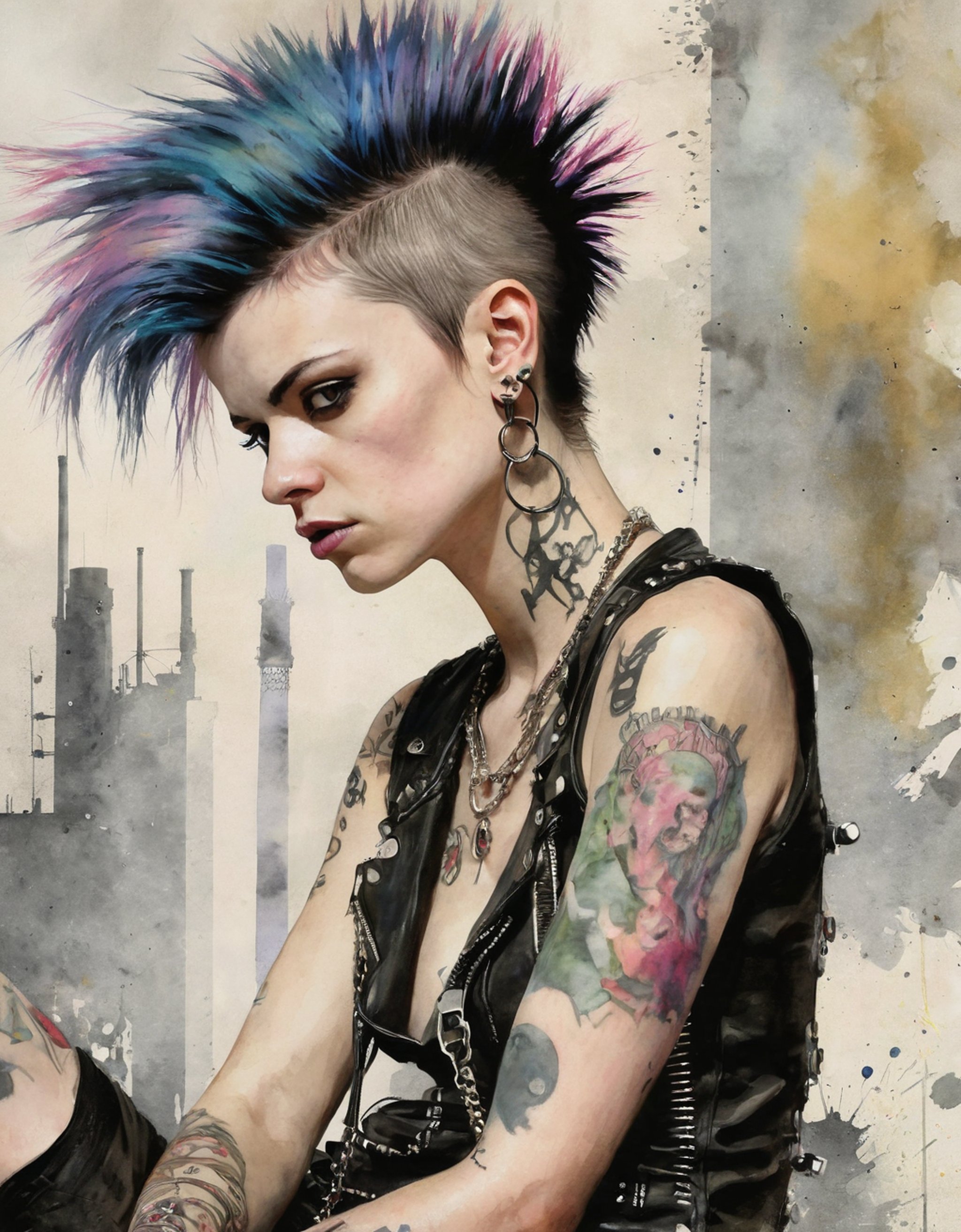 punk, girl, solo, masterpiece, digital art, 2D, Distinguished, Light, Industrial Art, watercolor