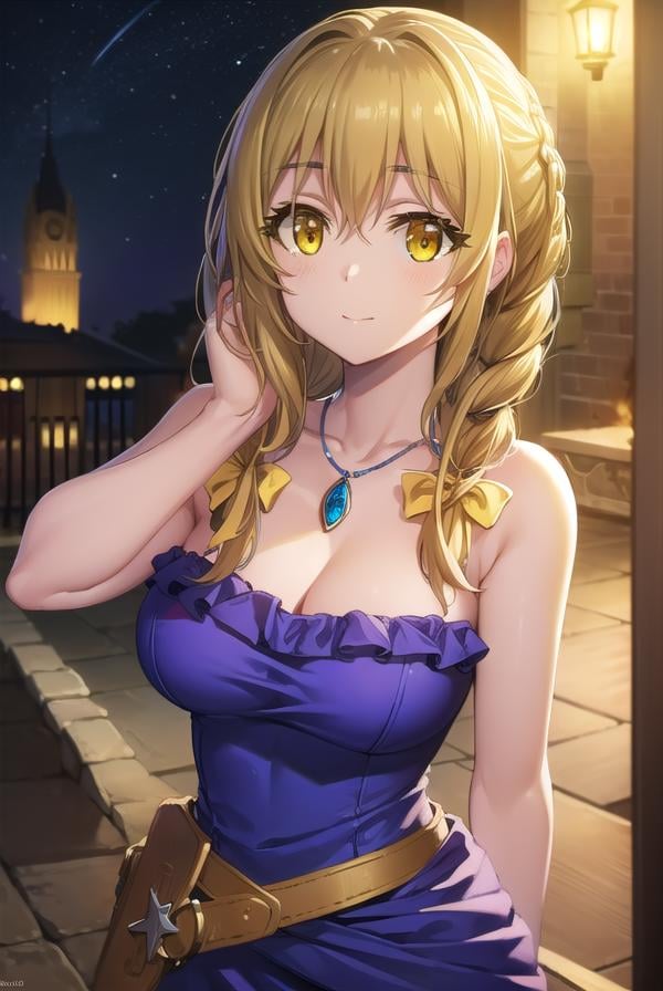 guildgirl, <lora:guild girl s2-lora-nochekaiser:1>,guild girl, long hair, brown hair, (yellow eyes:1.5), braid, single braid, smile,BREAK dress, cleavage, bare shoulders, jewelry, collarbone, necklace, strapless, blue dress, strapless dress, purple dress,BREAK outdoors, city, sky, night, starry sky, moon,BREAK looking at viewer, (cowboy shot:1.5),BREAK <lyco:GoodHands-beta2:1>, (masterpiece:1.2), best quality, high resolution, unity 8k wallpaper, (illustration:0.8), (beautiful detailed eyes:1.6), extremely detailed face, perfect lighting, extremely detailed CG, (perfect hands, perfect anatomy),