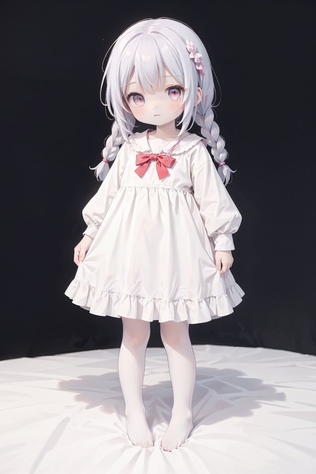 (masterpiece),(best quality),illustration,ultra detailed,hdr,Depth of field,(colorful),loli,1girl,solo,braid,red eyes,white background,hood,dress,long hair,simple background,red bow,hood up,looking at viewer,full body,twin braids,pantyhose,bow,standing,white footwear,white dress,sleeves past wrists,long sleeves,boots,white hair,white pantyhose,hair bow,frills,