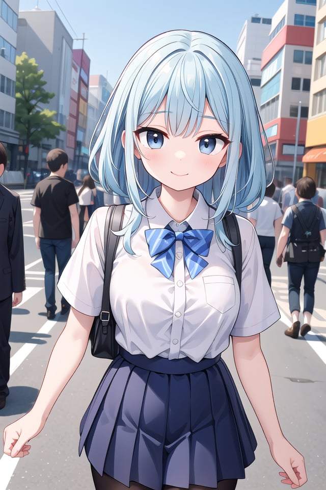 insanely detailed, absurdres, ultra-highres, ultra-detailed, best quality,1girl, solo, nice hands, perfect handsBREAKsummer school uniform with indigo blue bowtie, (short sleeves, dark blue skirt, pleated skirt:1.3), (indigo blue:1.3) bowtie, (white shirt:1.3), shirt with white button, (skirt with many pleats:1.4), plain shirt, plain skirt, (striped bowtie:1.3), shirt_tucked_in, (nsfw:-1.5)BREAKhappy smile, laugh, closed mouthBREAK,standing, cowboy shot, looking at viewerBREAKslender, kawaii, perfect symmetrical face, ultra cute girl, ultra cute face, ultra detailed eyes, ultra detailed hair, ultra cute, ultra beautifulBREAKin street, cityscape in shibuya, depth of field, ultra detailed backgroundBREAKlarge breastsBREAKgreen hair, black eyes, box braids,