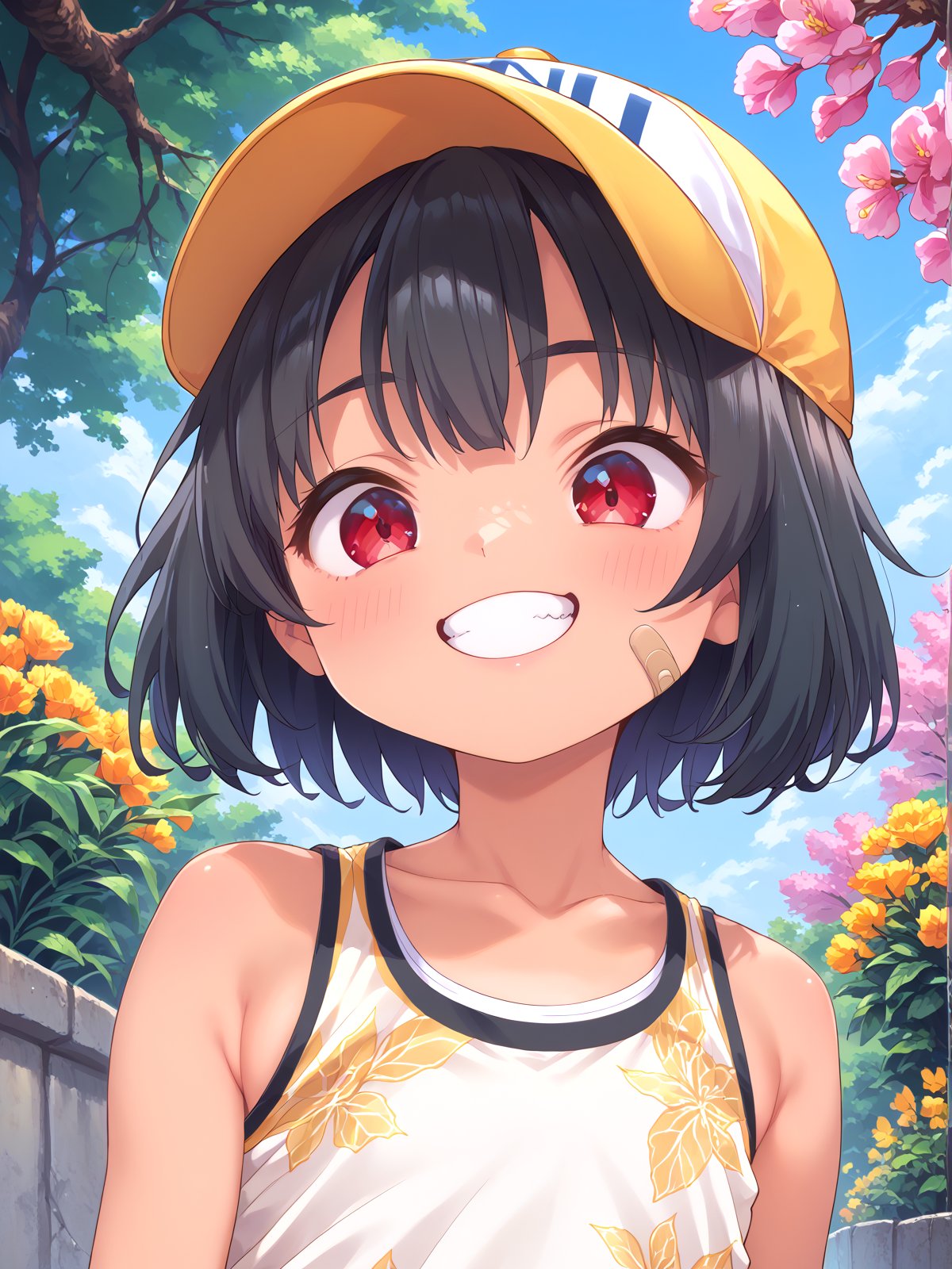 score_9, score_8_up, score_7_up, score_anime, masterpiece, best quality, beautiful scenery, floral background, <lora:KanabunP:1> KanabunP, 1girl, solo, (pov:0.5), upper body, flat chest, short hair, black hair, red eyes, grin, tank top, tan, baseball cap, bandaid on face, yellow headwear