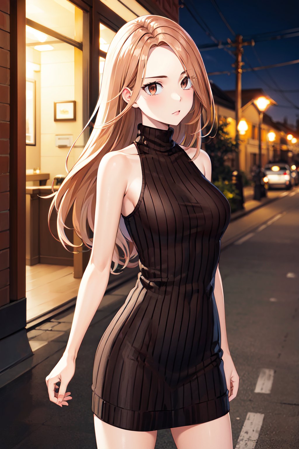 masterpiece, best quality, highres, 1girl, solo, long hair, brown hair, brown eyes, <lora:shiba_yuzuha_v1:0.7>, sweater dress, turtleneck, sleeveless, night, street, standing, cowboy shot, 