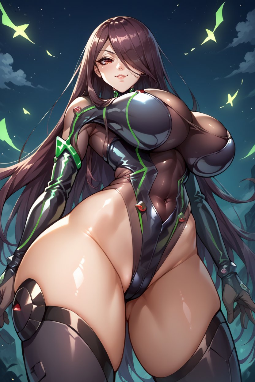 score_9, score_8_up, score_7_up, score_6_up, source_anime, BREAK 1girl,  <lora:saikafuuma-pdxl-nvwls-v1-000005:1> armedsaika, green and black bodysuit, bodystocking, long sleeves, black gloves, thighs, thigh boots, smirk, large breasts, from below, night sky, looking at viewer