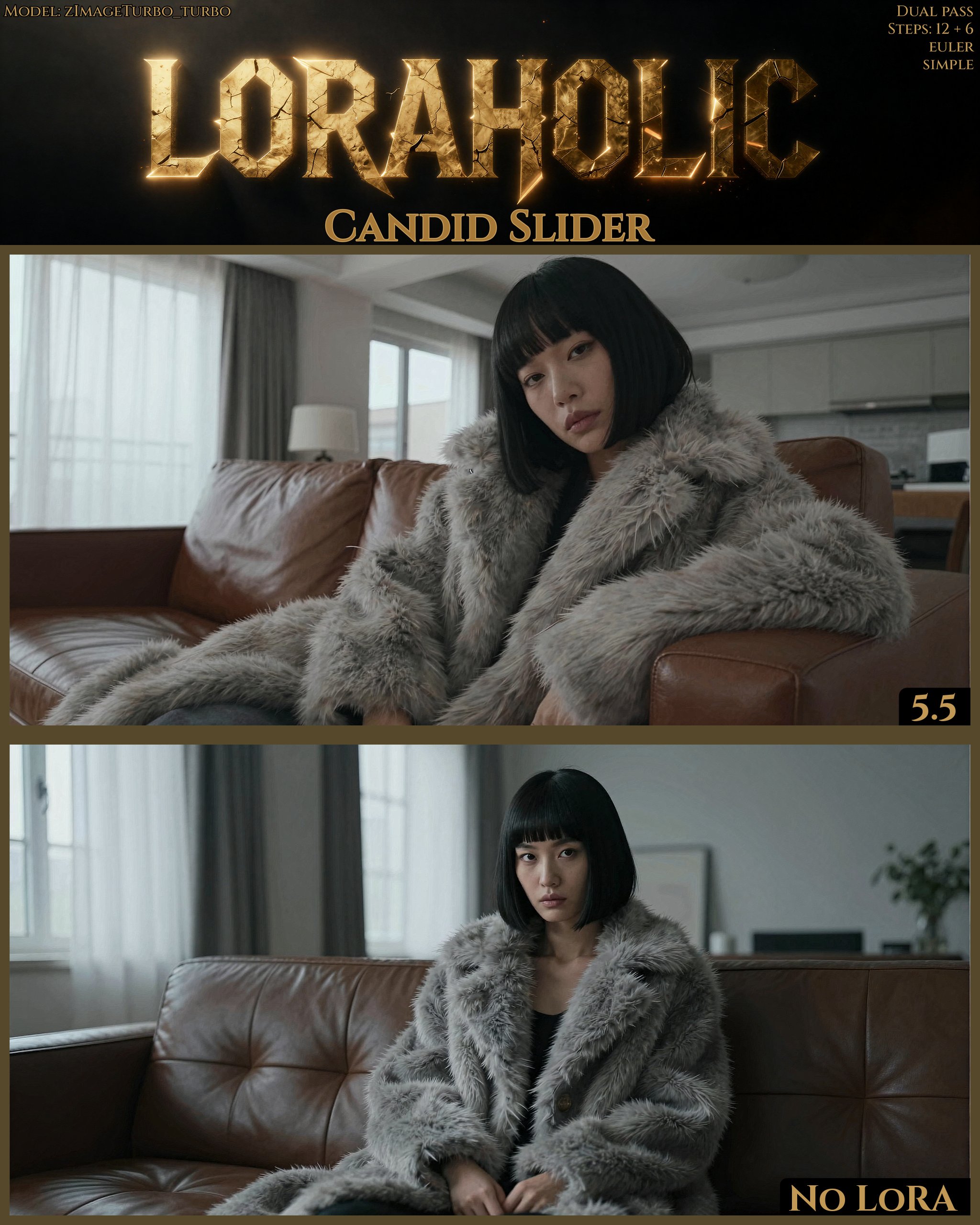 A East Asian woman with a sharp jet-black bob and blunt bangs sitting in a leather sofa in the middle of a room. She wears...