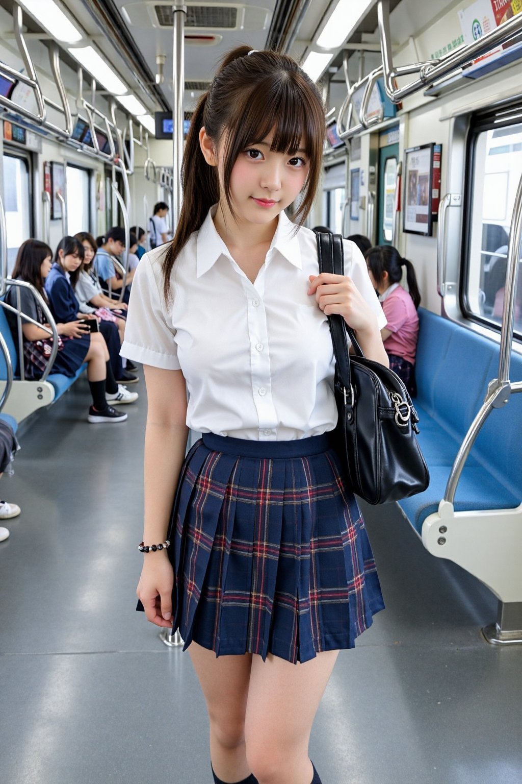 The image is a high-resolution photograph taken inside a modern,  brightly lit subway car. The subject is a young Asian wo...
