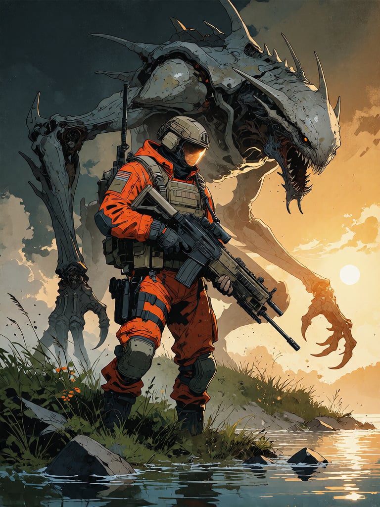 Bradhamel art style. A lone soldier in a bulky orange and gray tactical suit,  armed with a heavy assault rifle,  stands d...