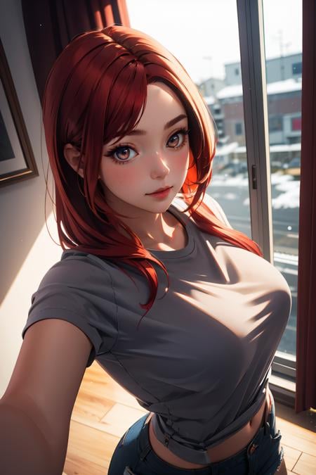 masterpiece, best quality,Ray tracing, hdr, volumetric lighting,1girl, red hair,   <lora:Selfie_FefaAIart:0.8>, selfie,