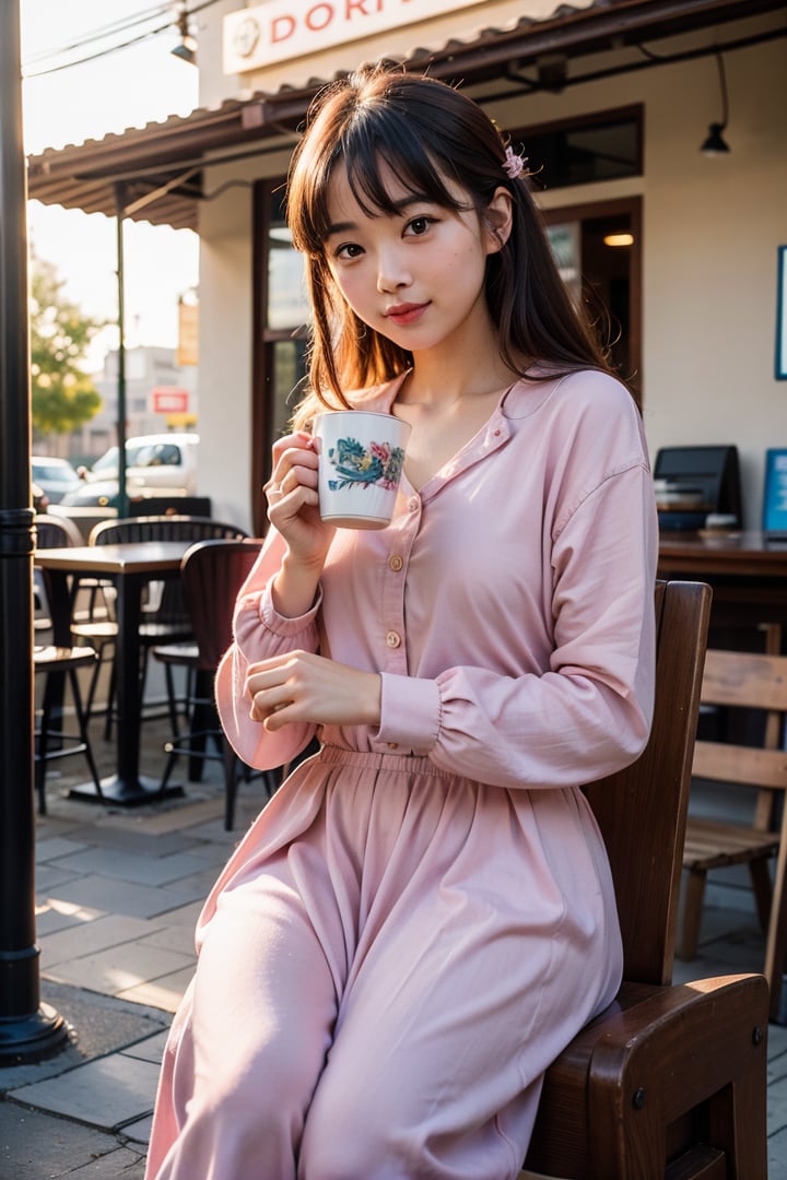 1950s style,pink sunset,sunrays,(nature, buildings history modern art, amazing unreal background),(natural colors, correct white balance, color correction, dehaze,clarity),RAW photo,full sharp,wallpapper 8k uhd,dslr,soft lighting,high quality,Fujifilm XT3,close-up of a cute girl sitting on the street drinking coffee from an antique coffee cup,