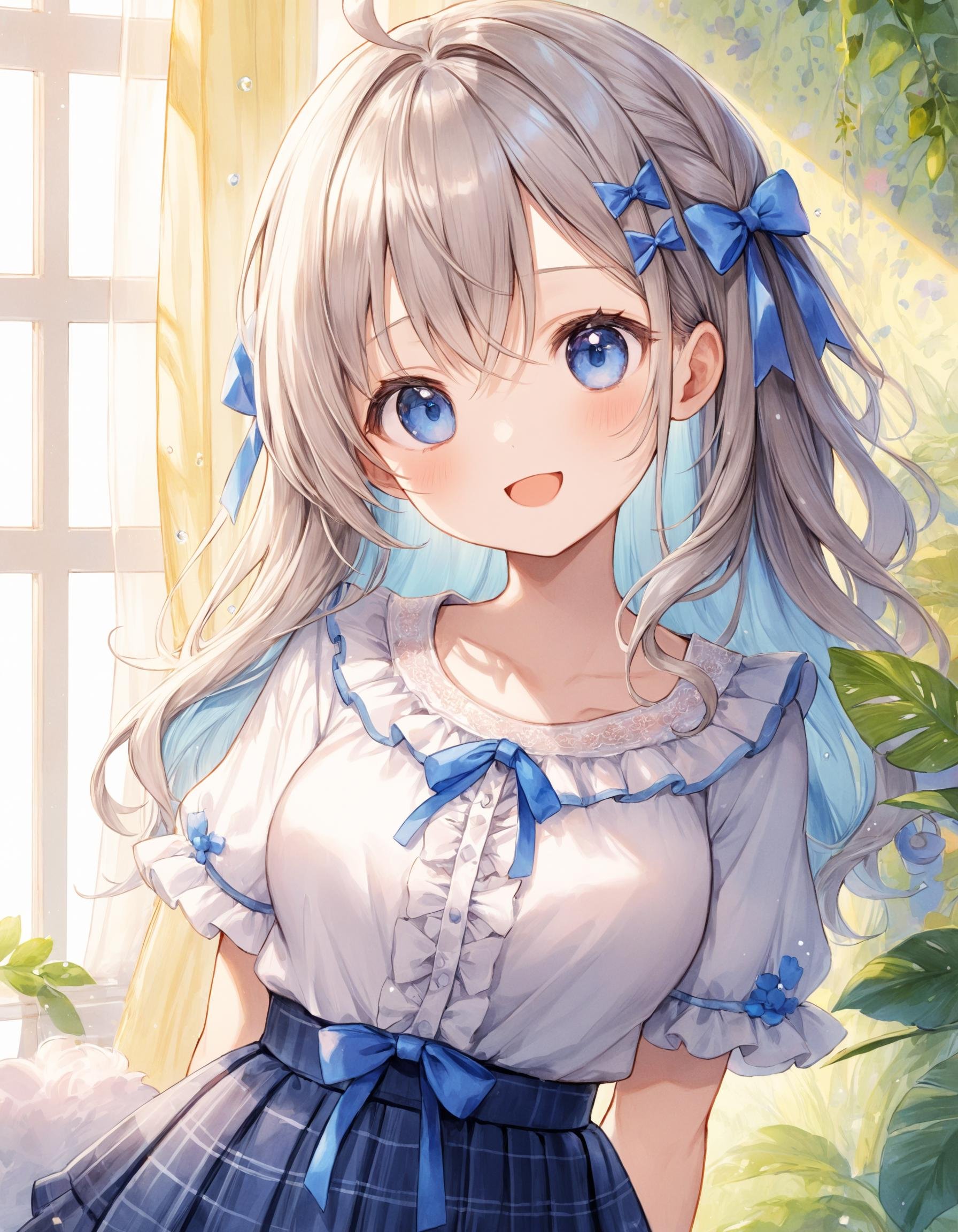 (Portrait:1.1). (Shooting from front:1.1). A cute girl. Solo. (Chibi:0.45). (Round face:1.25). Detailed dark-blue eyes. Tareme. Long wavy hair, (ribbon hair ornament:1.1), (gray hair), (gray inner hair:1.1), ahoge and hair between eyes. Detailed slender body. Medium breasts. Ruffled white blouse, open chest, short ruffled short sleeves and pale saxe-blue (ruffled layerd skirt:1.2). Happy expression. Open mouth. Contrapposto. (Arms behind back:1.2). (Head tilt:1.05). Looking at viewer. Fashionable cute living room. Decorative plants. Pastel cute curtains. Pastel cute wallpaper. Daytime. (Natural lighting:1.4). Cute style. Watercolor. Intricate details. Extremely detailed. Outstanding intricacies. (Masterpiece:1.2). (Best quality:1.2). (Absurdres absolutely resolution:1.4).