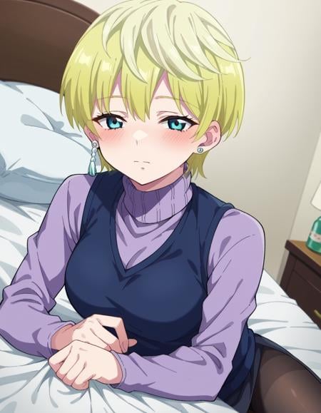 score_9, score_8_up, score_7_up, source_anime,tenkaizumo, <lora:tenka-izumo-s1-ponyxl-lora-nochekaiser:1>tenka izumo, short hair, blue eyes, blonde hair,skirt, long sleeves, jewelry, pantyhose, earrings, vest, sweater, turtleneck, turtleneck sweater,indoors, bed, bed room, on side, blush, drunk,looking at viewer, cowboy shot, dutch angle, solo,