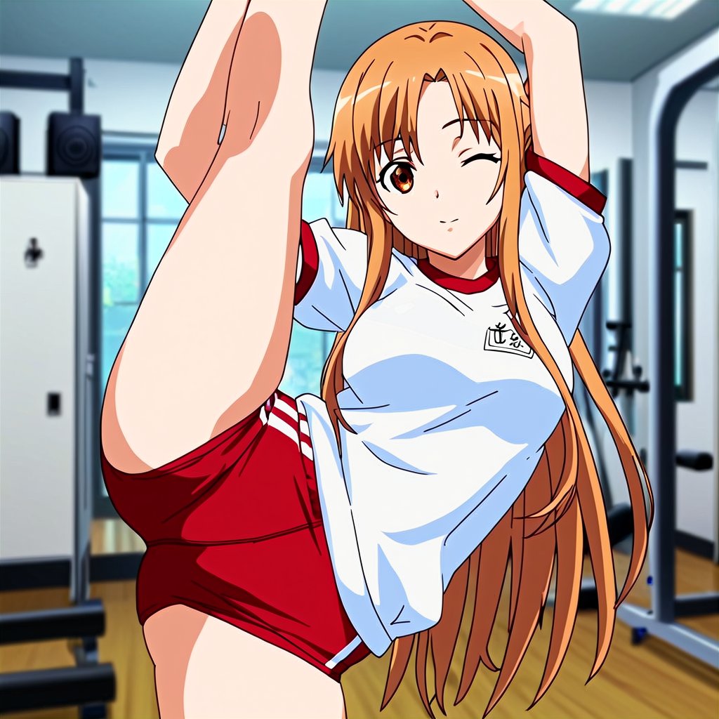 score_9, score_8_up, score_7_up, score_6_up, score_5_up, score_4_up, source_anime, yuuki asuna, long hair, 1girl, solo, gym uniform, gym, standing split, looking at viewer,cowboy shot,leg up,masterpiece, perfect face, best quality, beautiful eyes, shiny eyes, anime coloring, anime screencap, absurdres, award winning,<lora:yuuki_asuna_r1:0.8>