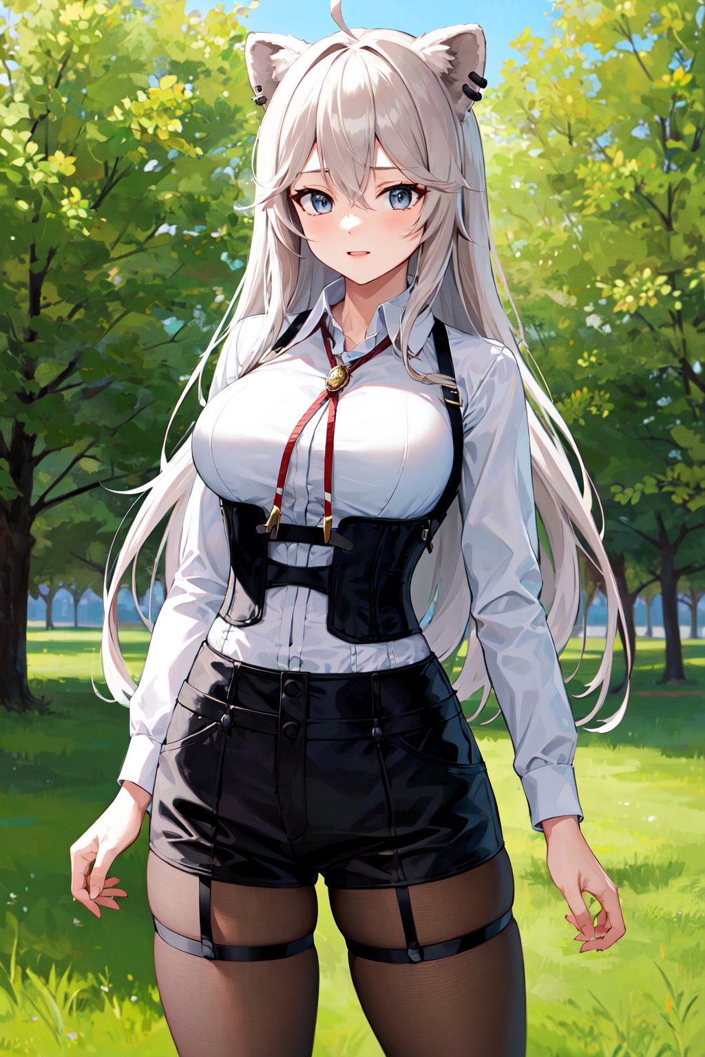 masterpiece, best quality, highres, ccbotan, long hair, ahoge, animal ears, ear piercing, large breasts, bolo tie, collared shirt, white shirt, long sleeves, harness, (underbust:1.2), black shorts, black pantyhose, <lora:shishiro_botan_v1:0.7>, standing, cowboy shot, outdoors