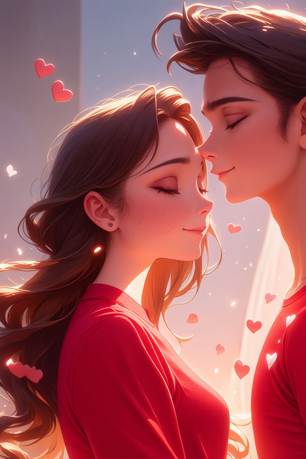 1girl, long hair, smile, brown hair, shirt, 1boy, closed mouth, closed eyes, hetero, heart, lips, profile, couple, red shirt